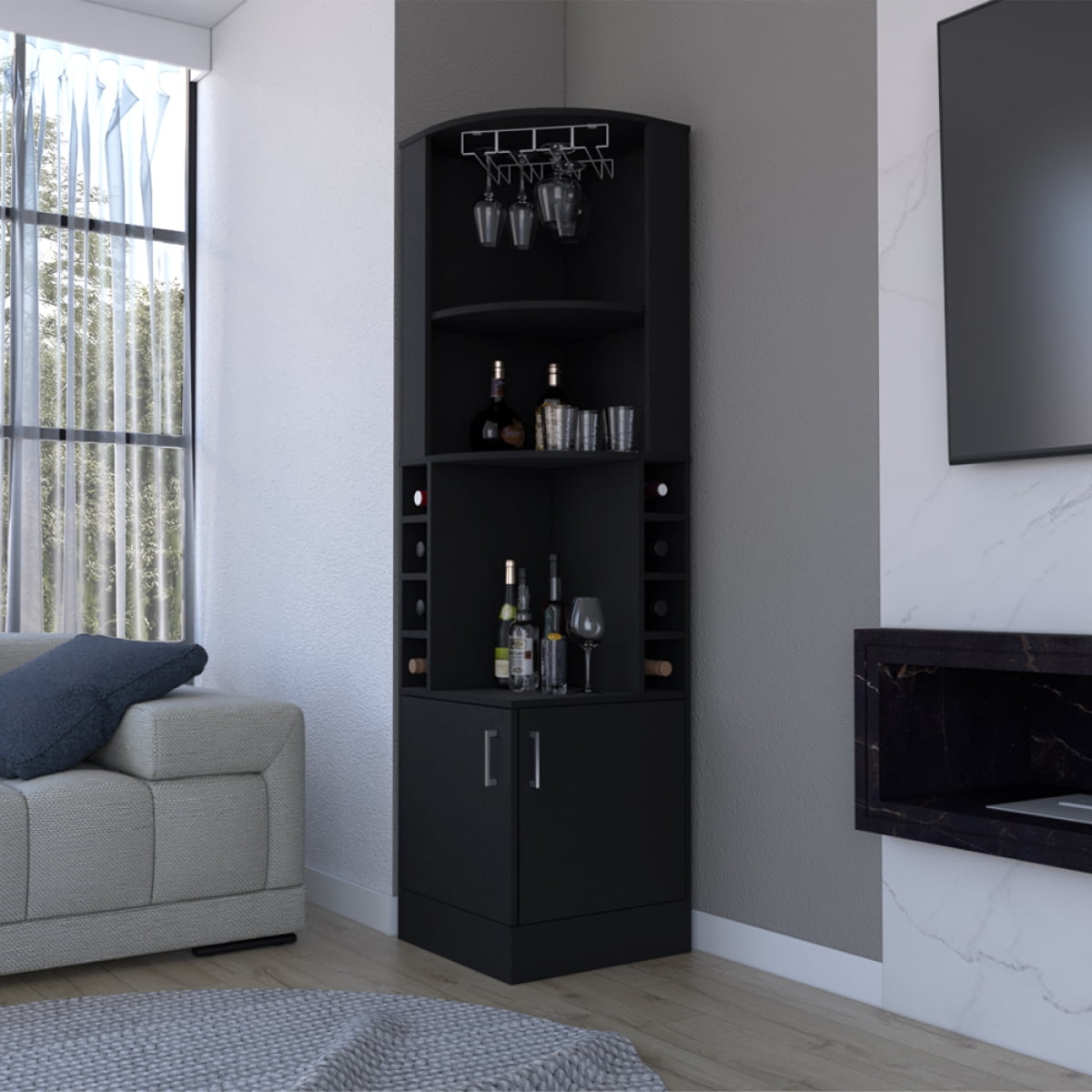 Miekor Furniture Corner Bar Cabinet Atanasio, Living Room, Black B5A7501
