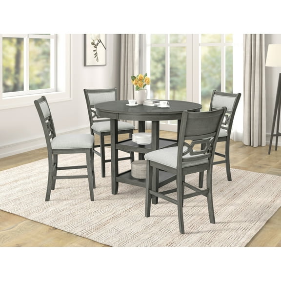 Miekor Furniture Counter Height Dining 5Pc Pub Height Dining Round Table Set Lower Storage Shelves Dining Room Set Wooden 94468