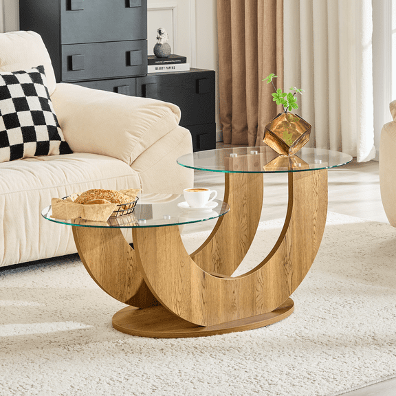Miekor Furniture Creative U-Shaped Double-Tier Glass Coffee Table with Wood-Grain MDF Base: A Modern, Minimalist Living Room Side Table with Adjustable Height. No4979