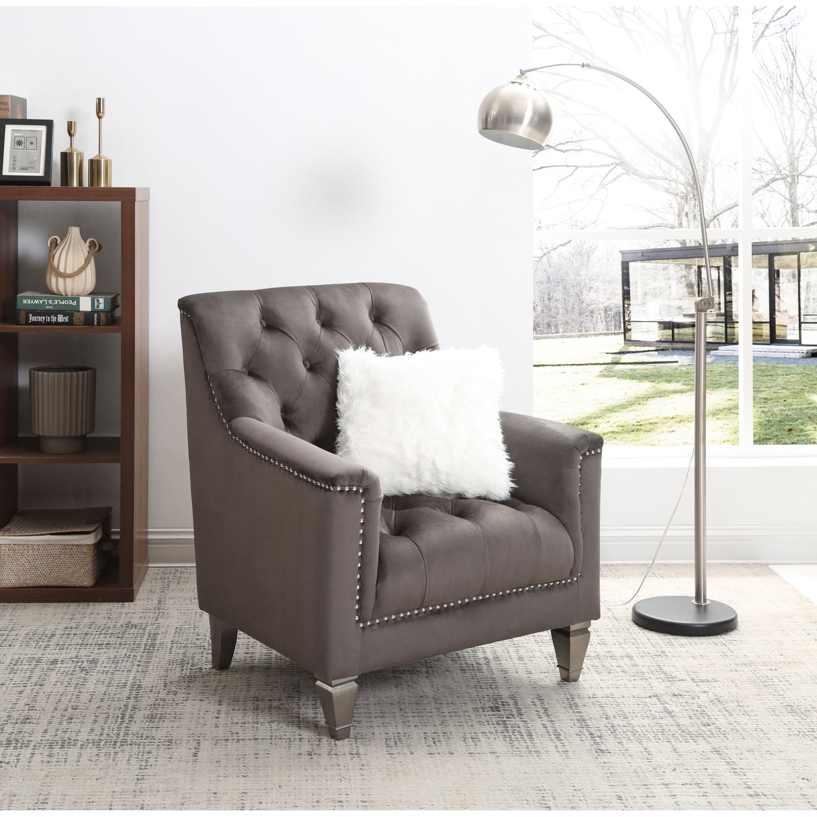 Gray Velvet Tufted Accent Chair with Silver Wood Frame