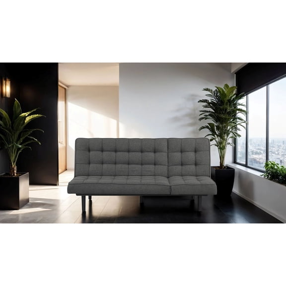 Miekor Furniture Dark Gray Futon Sofa Biscuit Tufting Seat Back 1pc Sofa Adjustable Headrest Converts to Chaise Couch 03577