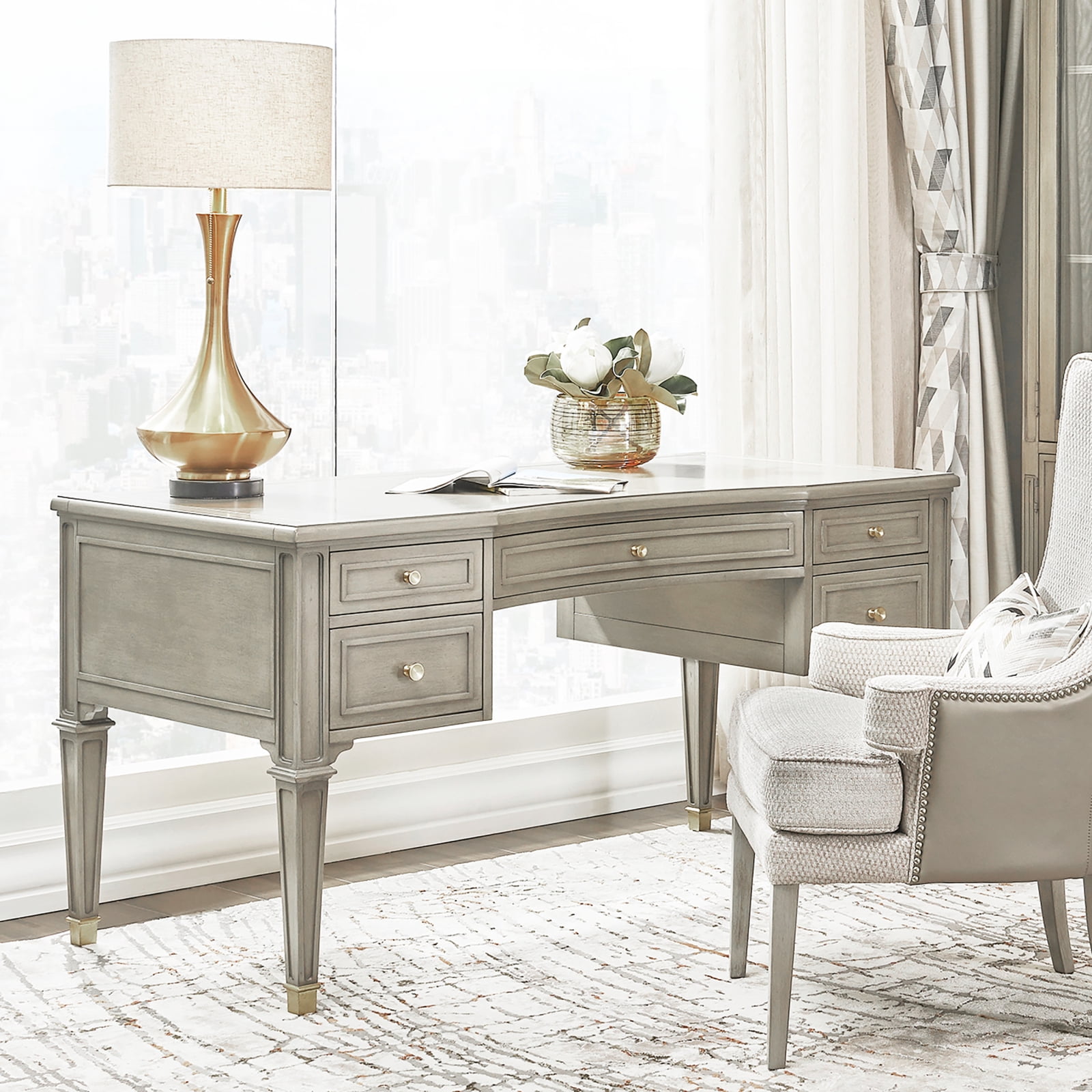 Miekor Furniture Dauphin Gold Accent 5-Drawer Wood Executive Desk, Grey Cashmere Wood 73807