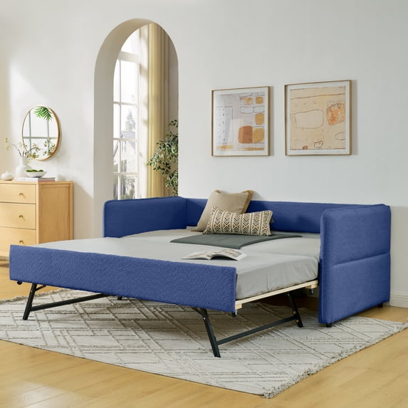 Miekor Furniture Daybed with Twin Size Pop-up Trundle Upholstered Tufted Sofa Bed, Twin Size, Boucle Fabric (83"x43"x29.5") No9566