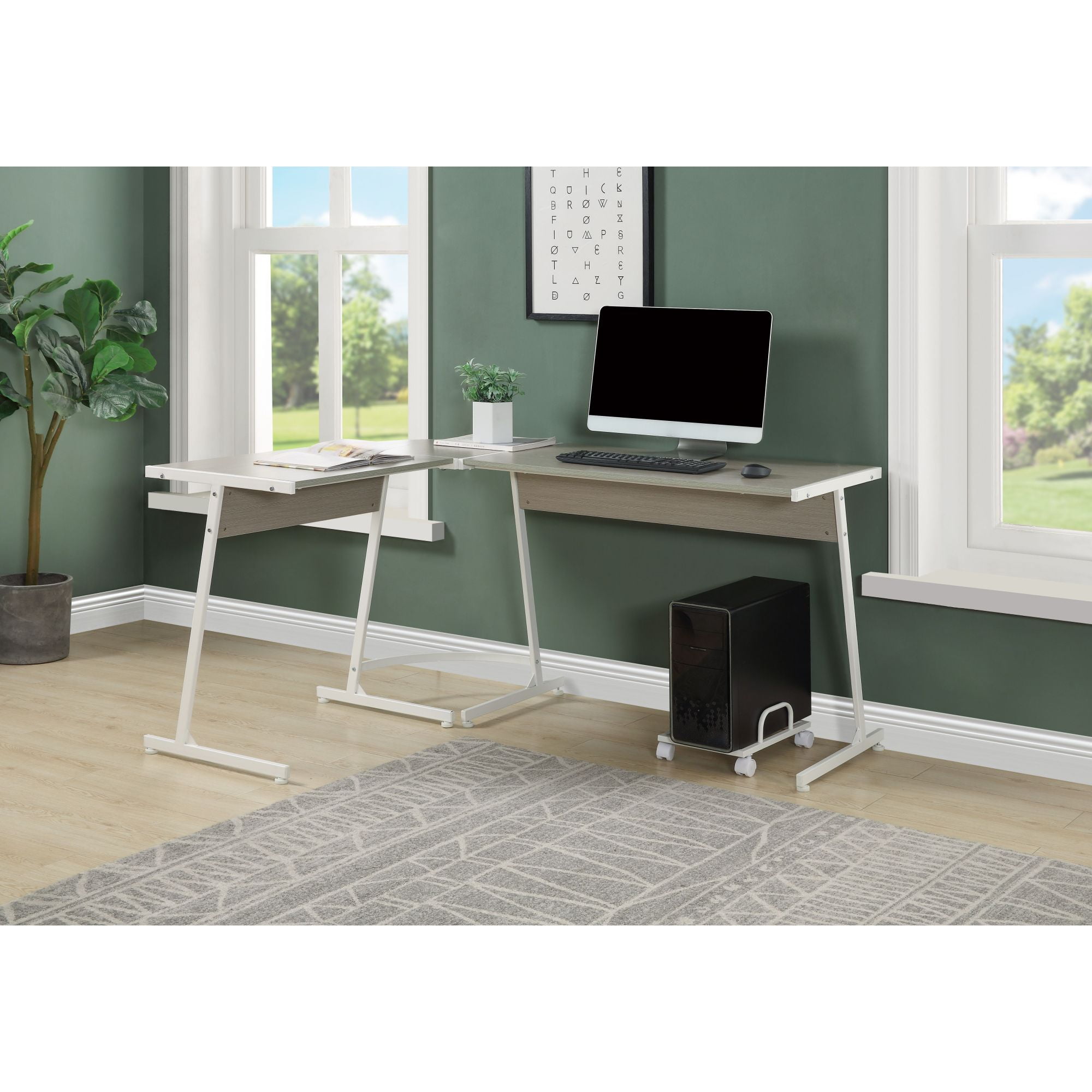 Executive Gray Wood Corner Desk with USB Port and Filing Cabinet