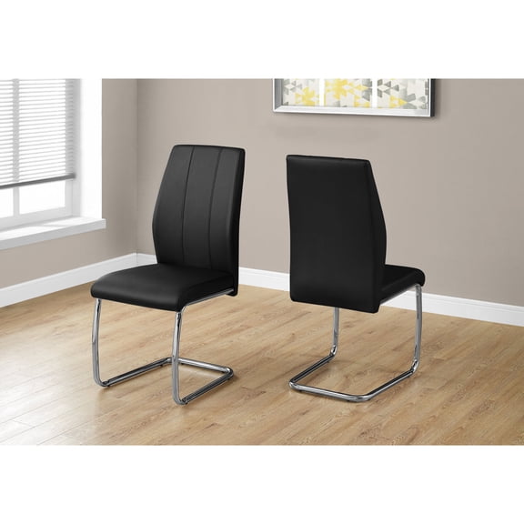 Miekor Furniture Dining Chair, Set Of 2, Side, Upholstered, Kitchen, Dining Room, 39" Height, Black Leather Look, Chrome Metal, Contemporary, Modern MK2788