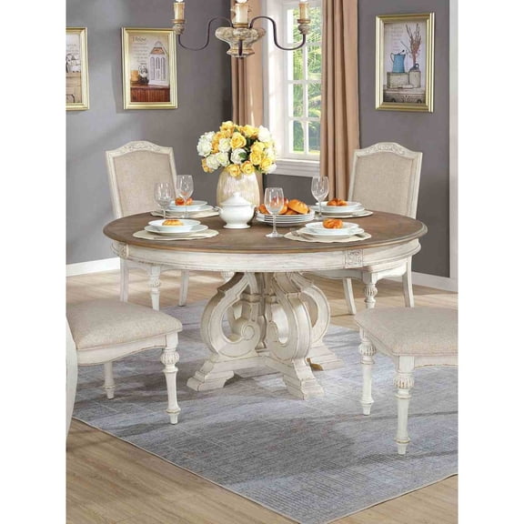 Miekor Furniture Dining Room 1pc Table Pedestal Base Antique White Round Table Solid wood Furniture Rustic Style No6117