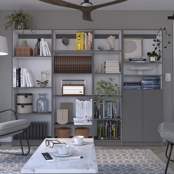 Miekor Furniture Dupree 4 Piece Home Bookcase Set, 91" Wide With 17 Shelves And A Double-Door Cabinet, Living Room Set Matt Gray / White 00358