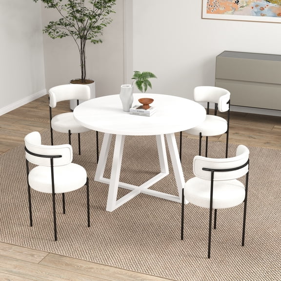 Miekor Furniture Durban 5-Piece Round Dining Set, Trestle Dining Table with 4 Boucle Chairs 0186