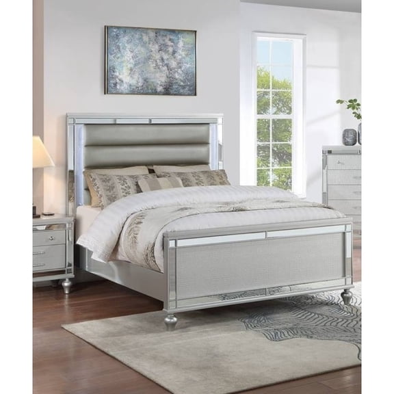 Miekor Furniture Eastern King Size 1pc Bed Built In LED Lights Glass Panel Round Gourd Legs Horizontal Tufting Silver Finish Bedroom Furniture No9033