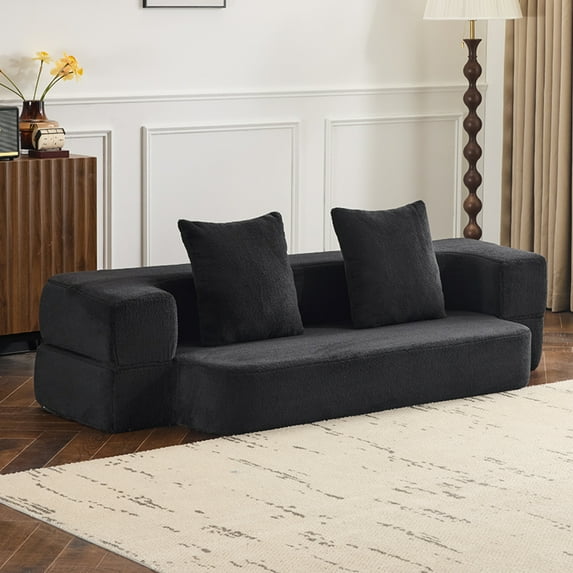 Miekor Furniture Ebern Designs Transformable Sectional Sofa with 3 Ottoman Stools - Supportive Foam Fold-Out Bed, Compact Chenille Lounger for Small Spaces & Home Offices.lihgt black 54554