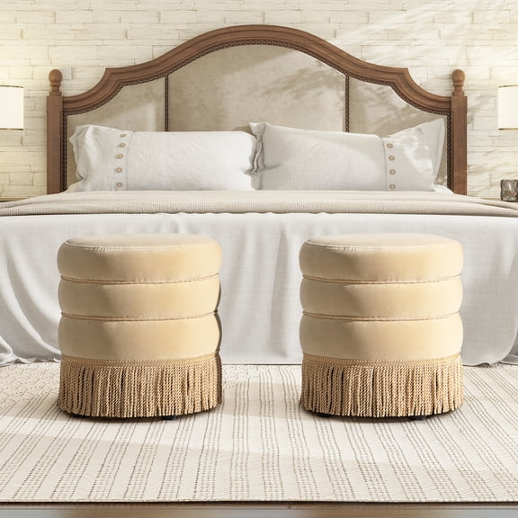 Miekor Furniture Edward 17.5" Round Upholstered Ottoman with Bullion Fringe Fawn Brown Performance Velvet 37462