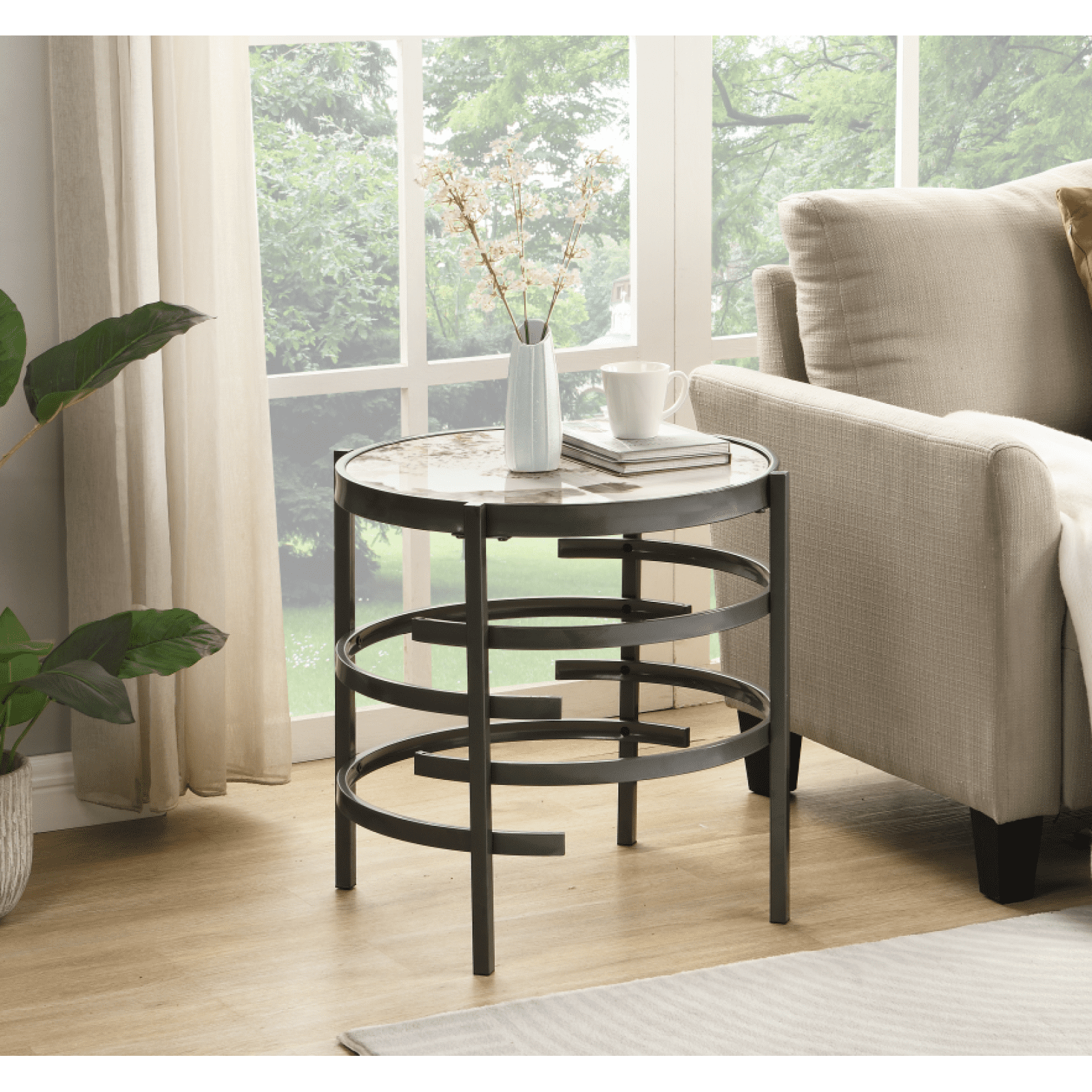 Miekor Furniture Elegant Pandora Sintered Stone End Table, Darker Gray