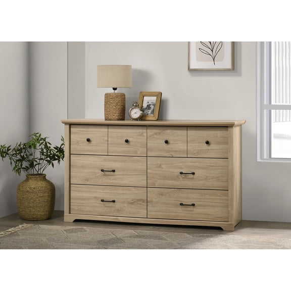 Miekor Furniture Elettra 57"W Light Oak Finish 6-Drawer Dresser with Black Handles No9673