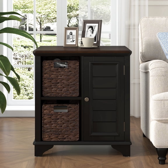 Miekor Furniture End Table Side Table with a shutter style design.With two woven grass baskets No.8398