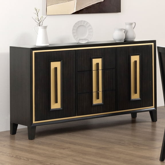 Miekor Furniture Espresso 1pc Server Storage Drawers Wood Handle Gold accent Trim Server Dining Room Furniture 61439