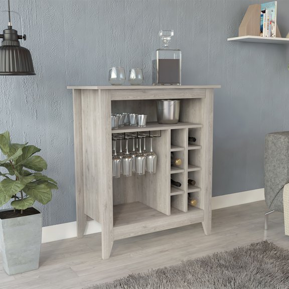Miekor Furniture Essential Bar Cabinet, One Open Shelf, Six Built-in Wine Rack, One Drawer -Light Gray 73831