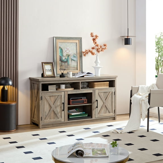 Miekor Furniture Farmhouse Barn door TV Media Stand Modern Entertainment Console for TV Up to 65" with Open and Closed Storage Space, Gray Wash, L57.87*W15.75*H30.31 BS0865