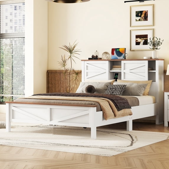 Miekor Furniture Farmhouse Platform Bed with Double Sliding Barn Door, Queen Size Rustic Wood Bed with Charging Station, Wood Slats Support, White& Brown W5UAAK