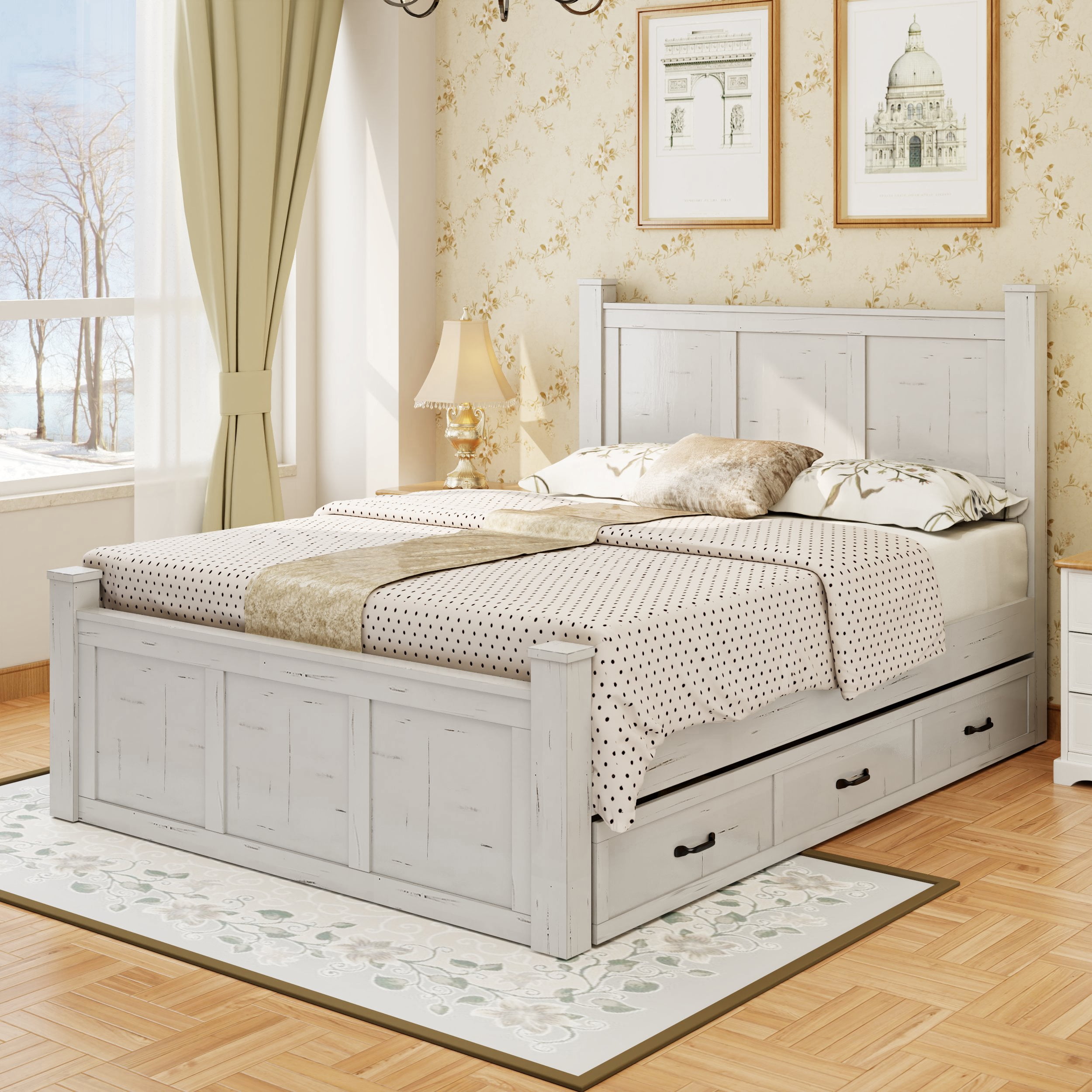 Miekor Furniture Farmhouse Style Wood Panel Bed Frame Four Square Poster Bed With Three Storage Drawers, King, Ancient White 3406K
