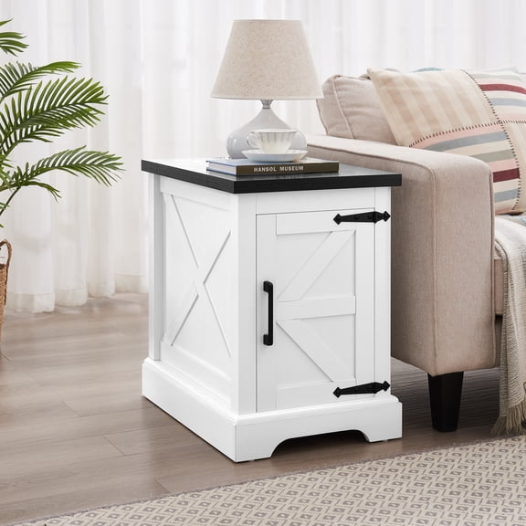 Miekor Furniture Farmhouse end table Nightstand Rectangular Farmhouse End Table with Barn Door and Adjustable Storage Shelf, Rustic Sofa Side Table for Living Room, Bedroom, White 51628