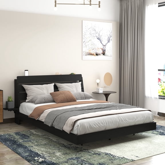 Miekor Furniture Floating Bed Frame Queen with Led Lights and Charging Station, Wood Queen Size Bed Frame with Storage Headboard, No Box Spring Needed, Easy Assembly,Black. No6339