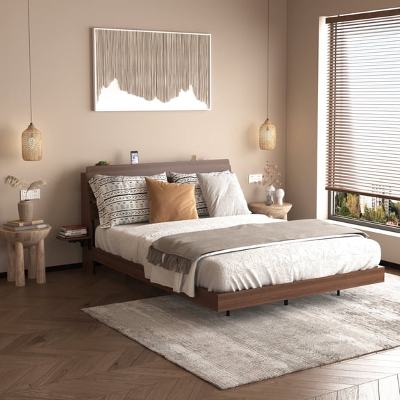 Miekor Furniture Floating Bed Frame Queen with Led Lights and Charging Station, Wood Queen Size Bed Frame with Storage Headboard, No Box Spring Needed, Easy Assembly,Walnut No5333