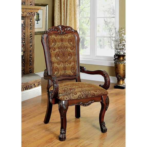 Miekor Furniture Formal Traditional Cherry Set of 2pc Arm Chairs Dining Room Brown Damask Print Fabric Solid wood Dining Chair W5U312