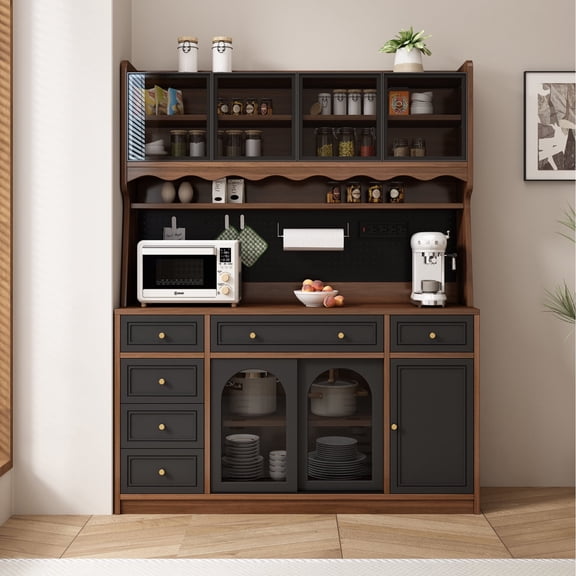 Miekor Furniture Freestanding 63'' W Buffet Storage Cabinet with Hutch,Large Coffee Bar with 6 Drawers,4 Cabinets with Adjustable Shelves,Pegboard, Power Outlet No.0166