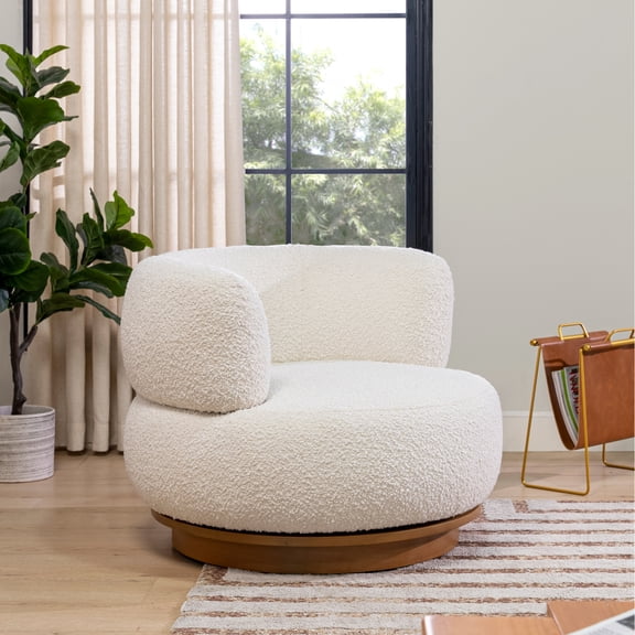 Miekor Furniture Fuji 360 Swivel Low Barrel Back Accent Chair, Ivory White Boucle 63815