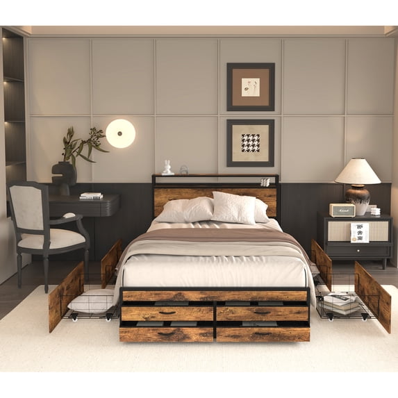Miekor Furniture Full Size Bed Frame with 8 Storage Drawers, LED Headboard with Charging Station, Metal Platform Bed Frame, No Box Spring Needed, Noise-Free, Stable and Solid, Brown 84502