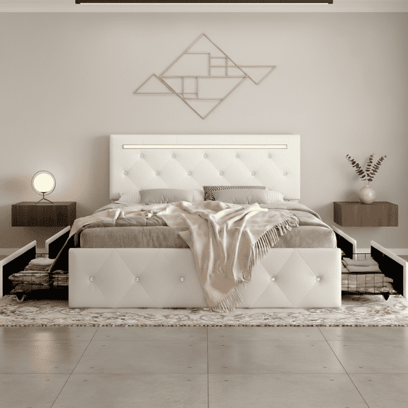 Miekor Furniture Full Size Bed Frame with LED Light and 4 Storage Drawers, PU Upholstered Bed Frame with Adjustable Headboard, Diamond Crystal Button, Charging Station, Metal Frame, No Box Spr No8673