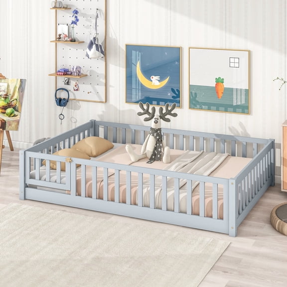 Miekor Furniture Full Size Floor Bed with Fence and Door,Rubber Wood Floor Bed with Safety Guardrails,Grey No1123
