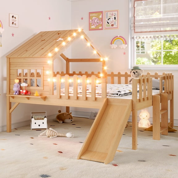 Miekor Furniture Full Size House Loft Bed with Slide,Playhouse Bed with Star Moon-shaped Designs and Window, Chic Design with LED Lights,No Box Spring Needed,Natural No.8258