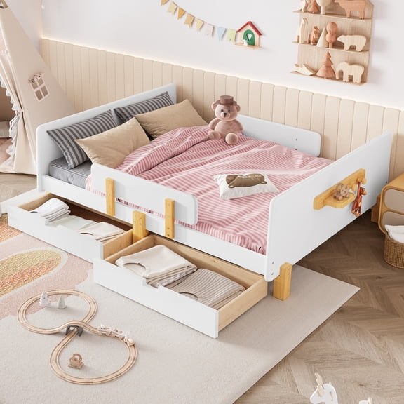 Miekor Furniture Full Size Platform Bed with Storage Drawers, Solid Wood Beds Frame with Bed Guardrail, Small Shelf, and Hooks, No Box Spring Needed, White No.8546