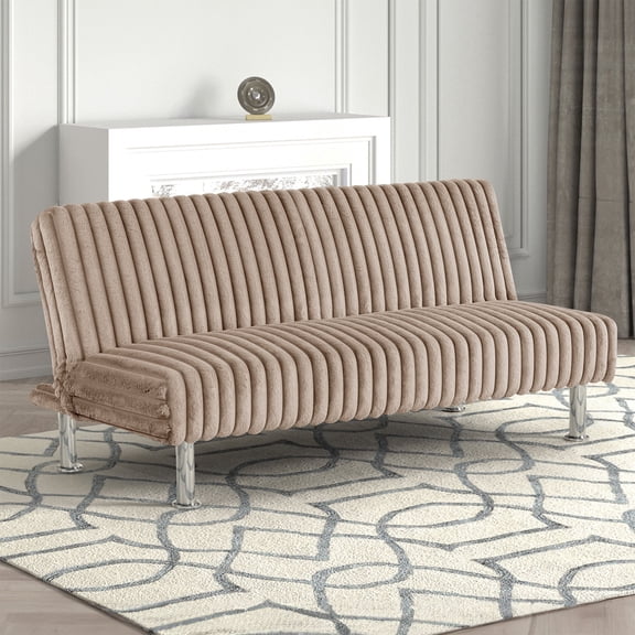 Miekor Furniture Futon Sofa Contemporary Style Easy Convert Into Bed With Extra Support Leg Armless Chrome Finish Base Legs Taupe Finish No.9345