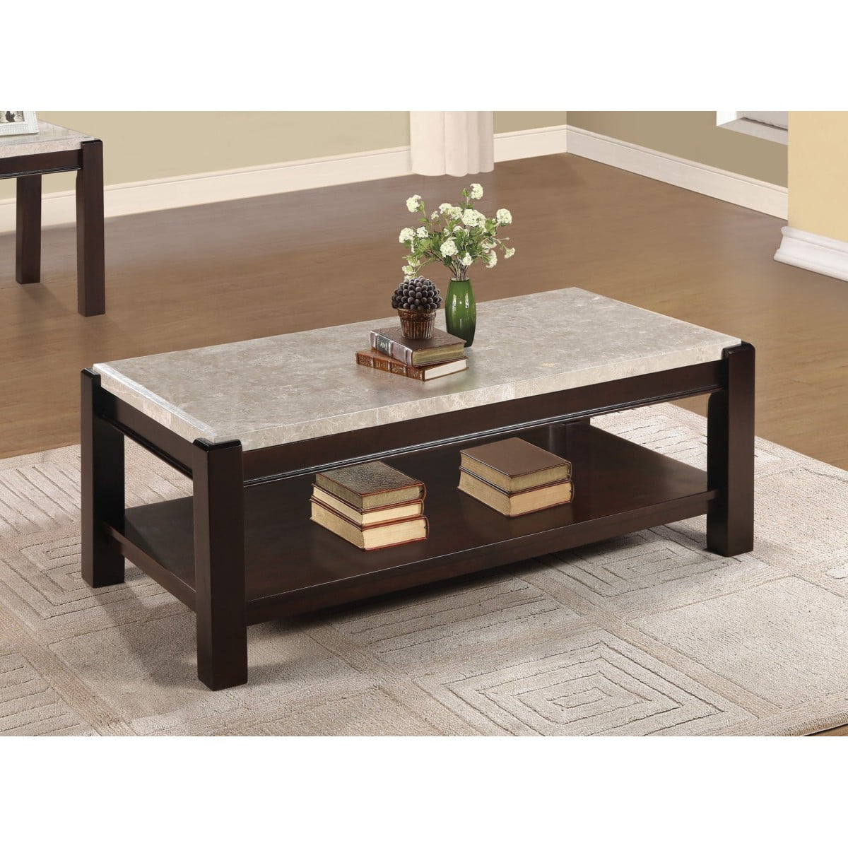 Miekor Furniture Genuine Marble Top Cocktail Table Dark Cherry Finish Wood Frame Contemporary Living Room Furniture 1pc Side Table B5A2540