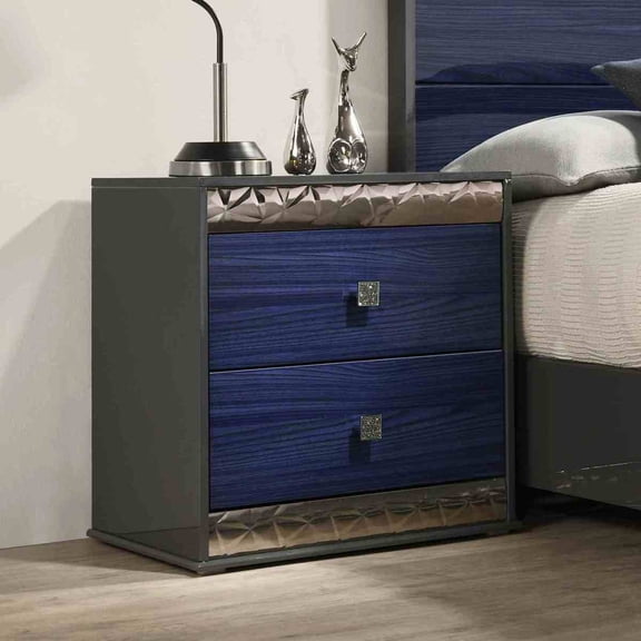 Miekor Furniture Glam Style 1pc Nightstand Chrome Molding Metal Side Glide Ash Gray And Indigo Blue Finish Bedroom Furniture No2684