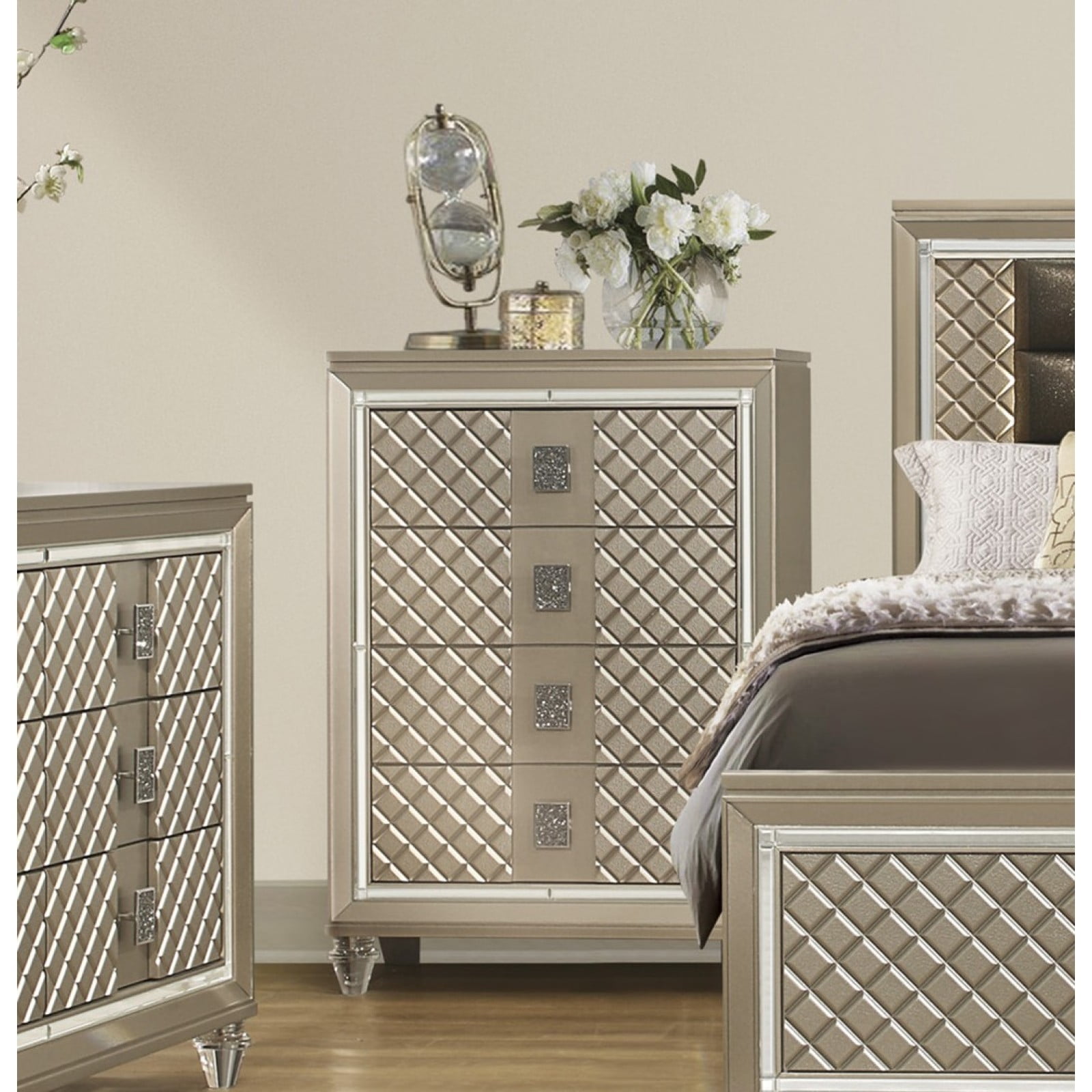 Miekor Furniture Glamorous Champagne Finish Chest of 4 Drawers Acrylic Feet  Luxury Bedroom Furniture Beveled Mirror Trim W5U674 - Walmart.com