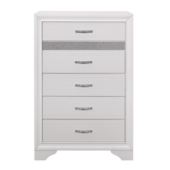 Miekor Furniture Glamorous White Finish 1pc Chest of Drawers Faux Crystals Pulls Silver Glitter Hidden Drawers Wooden Modern Bedroom Furniture No.1472