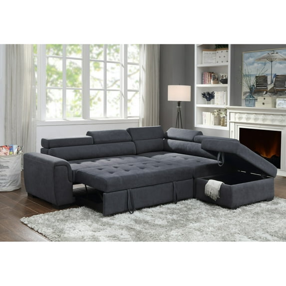 Miekor Furniture Haris 97" Dark Gray Fabric Sleeper Sofa Sectional with Adjustable Headrest and Storage Ottoman 37995