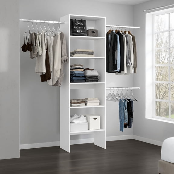 Miekor Furniture Hollis Modular Closet System with Open Shelves, Dual Hanging Rods and Vertical Storage Design, White No4216