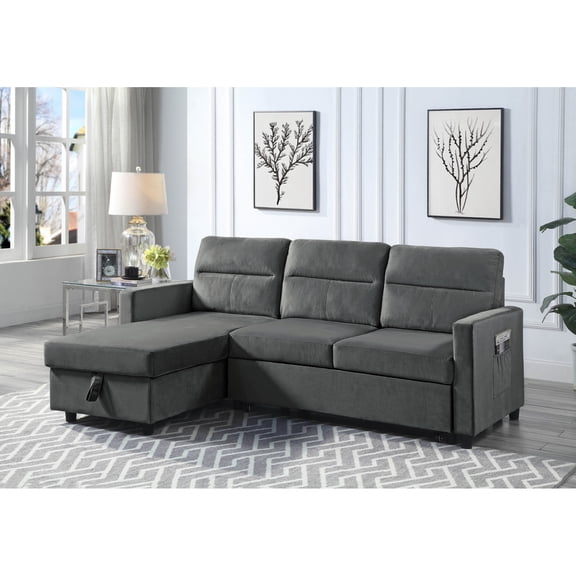 Miekor Furniture Ivy 81.5" Dark Gray Velvet Reversible Sleeper Sectional Sofa with Storage Chaise and Side Pocket 24666