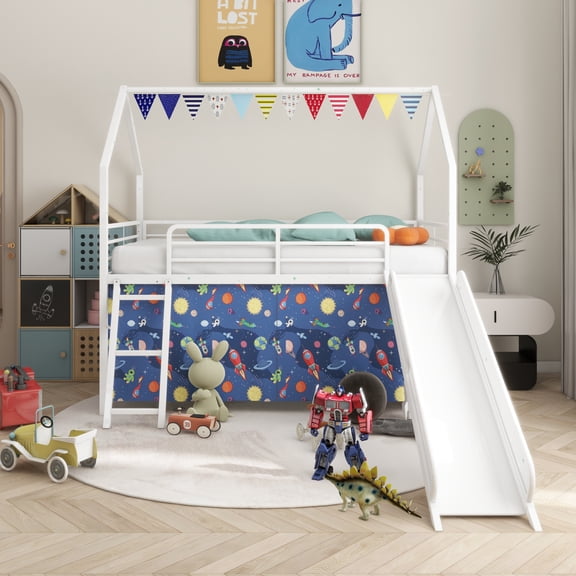 Miekor Furniture Jack Metal Junior House Twin Loft Bed with Slide and Curtain Set and Pennant Banner Flag and Star Stickers, White with Blue No2025