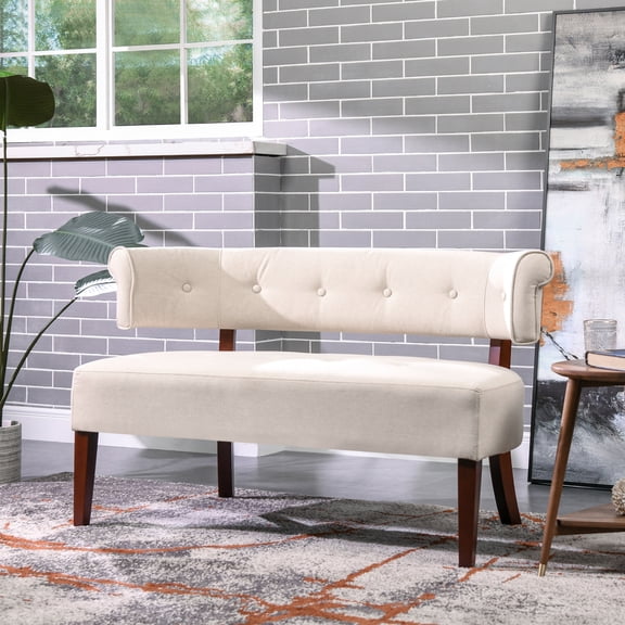 Miekor Furniture Jared Roll Arm Tufted Bench Settee, Sky Neutral Beige Polyester 10431