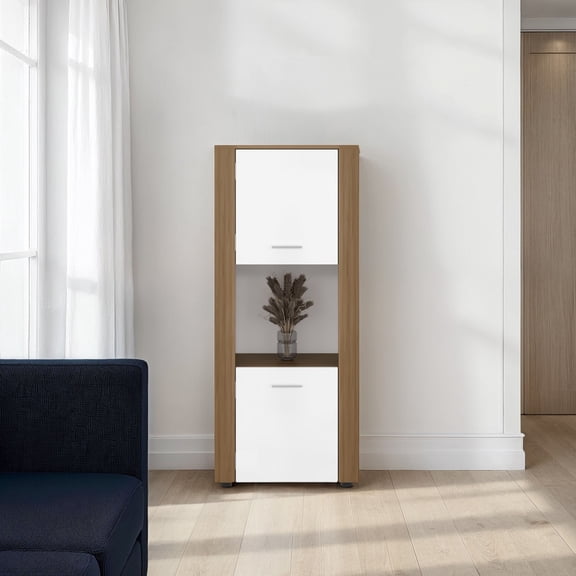 Miekor Furniture Kasaan Bookcase with Upper and Lower Doors, Open Display Shelves and Vertical Storage Design, Natural Oak / White No5396