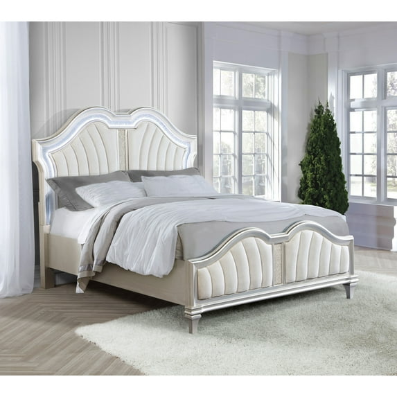 Miekor Furniture Katerina Ivory and Silver Oak Queen Platform Bed with LED Light MK8815