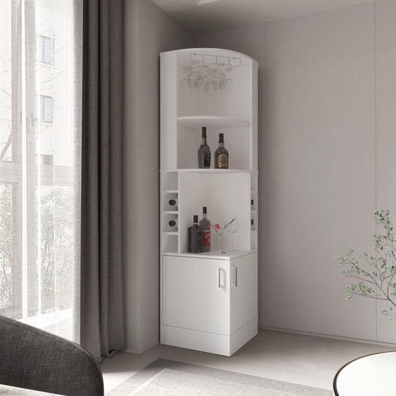 Miekor Furniture Kava Beijing Corner Bar Cabinet, Glass Rack, Double Door Cabinet, Eight Built-In Wine Rack, Bar, Liquor Storage, White No1945