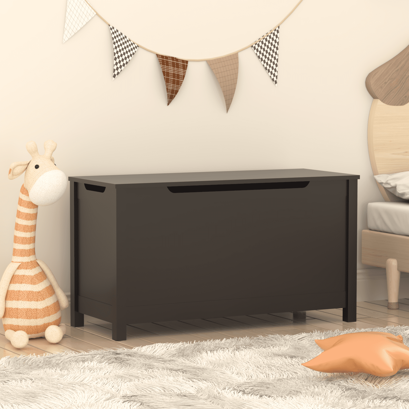 Miekor Furniture Kids Wooden Toy Box Storage with Safety Hinged Lid for Ages 3+ (Dark Brown) 119078