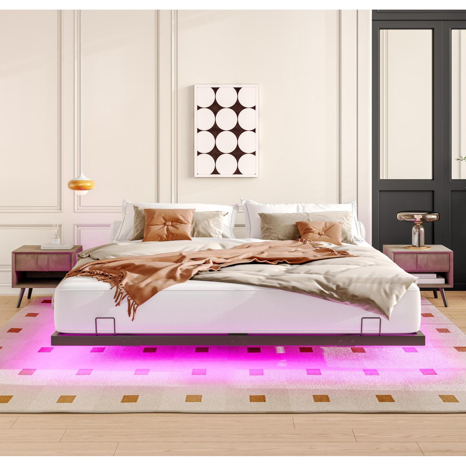 Miekor Furniture King Size Floating Bed Frames with LED Lights, Metal Platform Bed, Solid and Stable, Noise Free, No Box Spring Needed, Easy Assembly (King) 40481