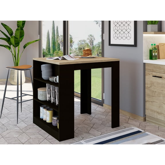 Miekor Furniture Kitchen Island Table, Two Legs, Three Side Shelves, Black / Pine 0132